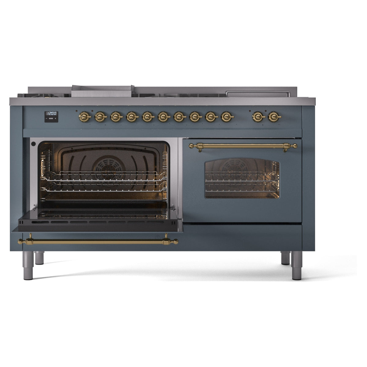 Blue grey dual fuel range with brass controls, left oven door open, right oven door closed