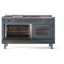 ILVE Nostalgie II 60-Inch Natural Gas Dual Fuel Range with 7 Burners, Griddle, & French Top with Triple Glass Door Oven in Blue Grey with Brass Trim (UP60FSNMPBGG)