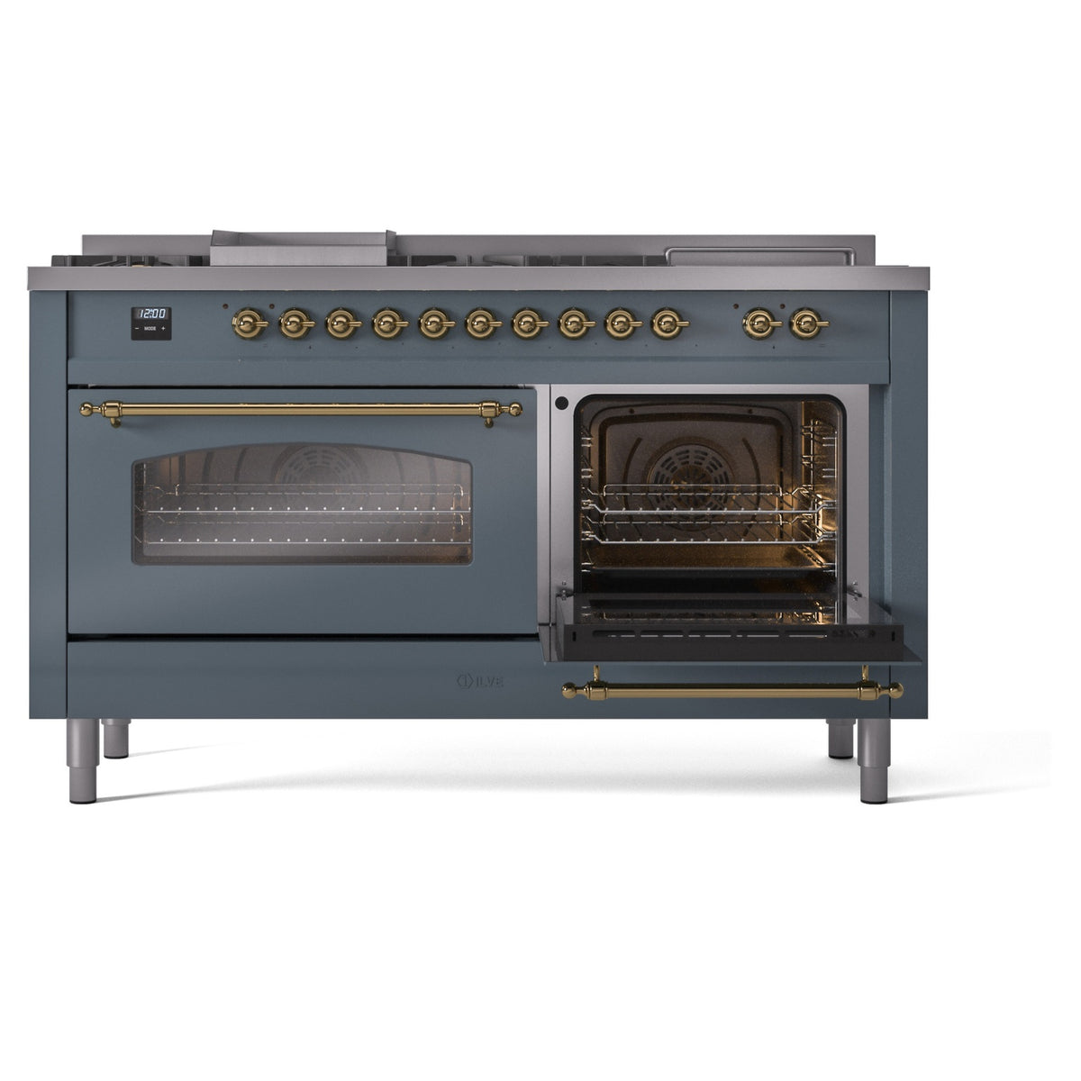 Blue grey dual fuel range with brass knobs and oven compartments, one door open