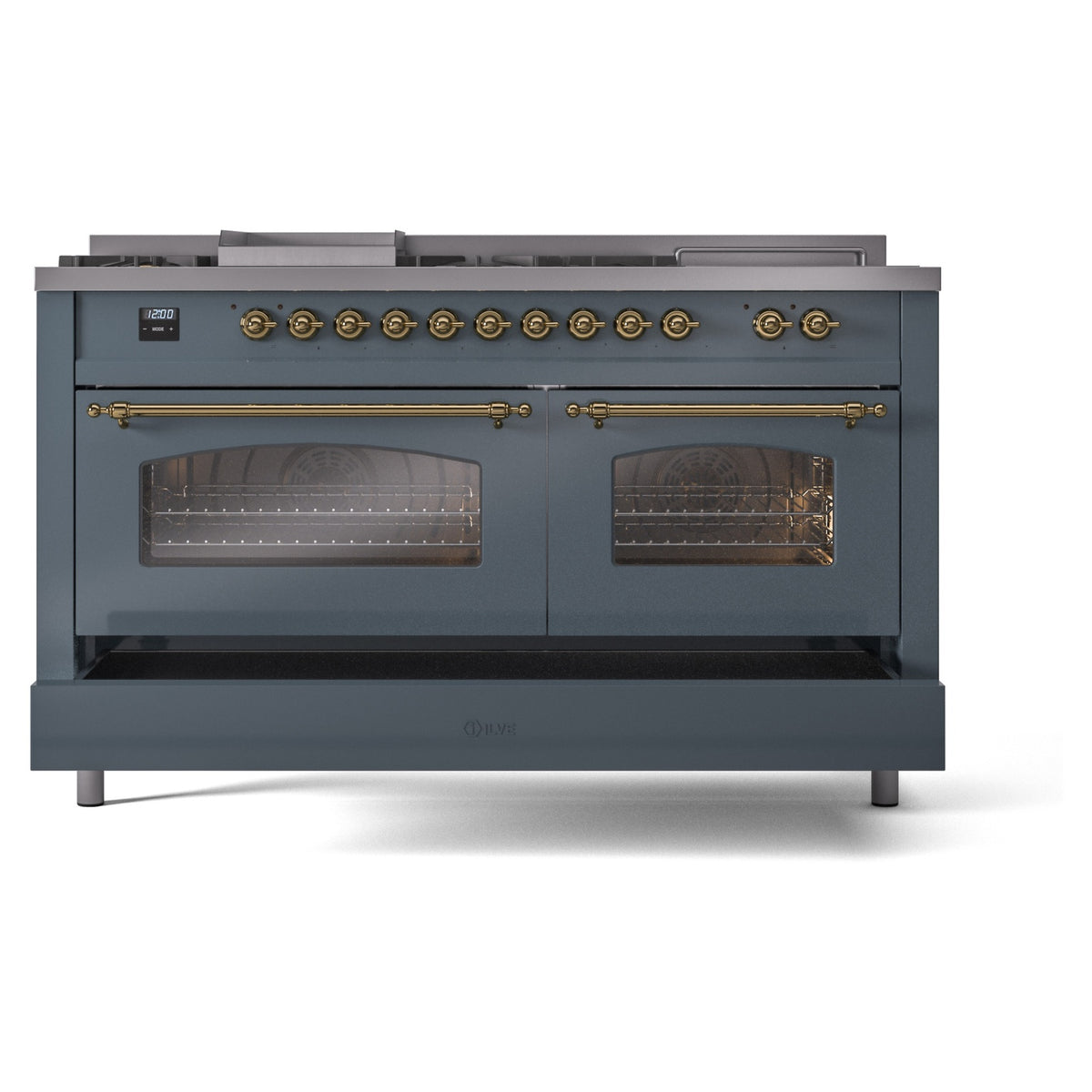 Blue grey dual fuel range with brass knobs and two closed oven doors with glass windows