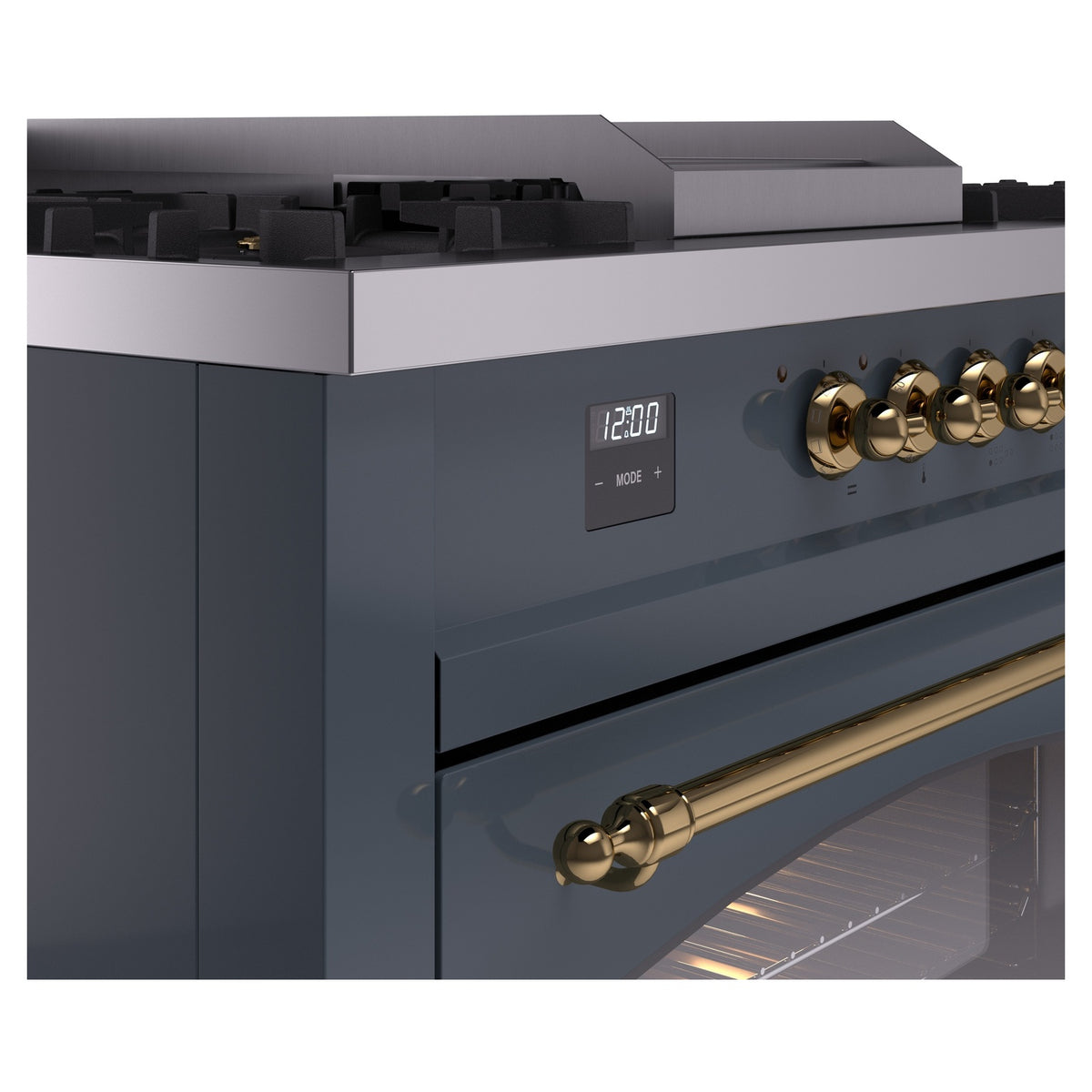 Blue grey dual fuel range control panel with digital display and brass control knobs