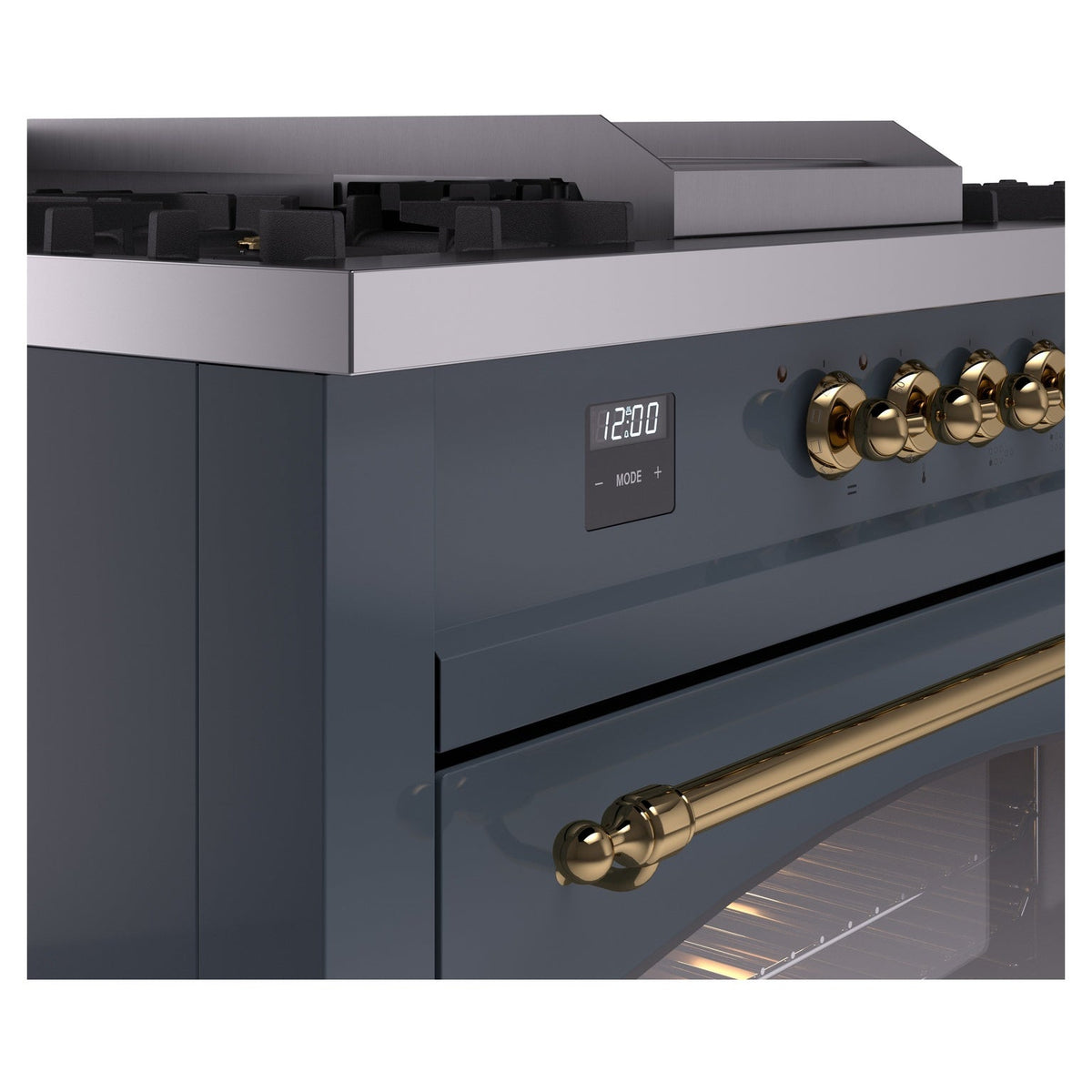 Blue grey dual fuel range control panel with brass knobs and digital display