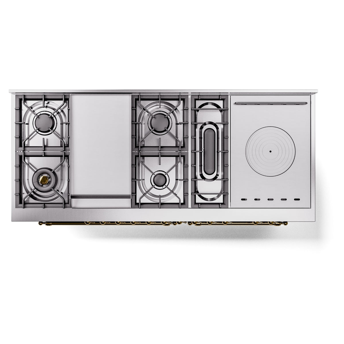 Dual fuel cooktop with exposed burner grates, burners, and a round griddle element