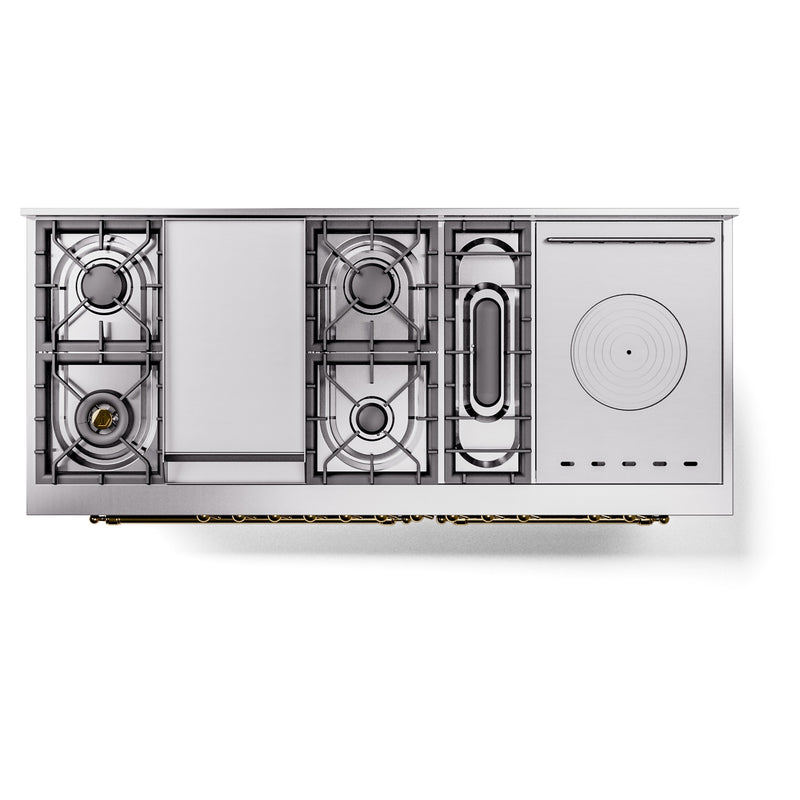 ILVE Nostalgie II 60-Inch Dual Fuel Range with 7 Burners, Griddle, & French Top with Triple Glass Door Oven in Blue Grey with Brass Trim (UP60FSNMPBGG)