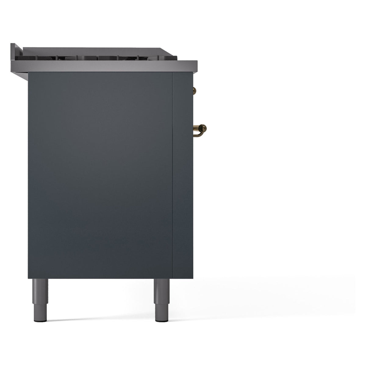 Blue grey side panel of a dual fuel range with brass connection on the edge