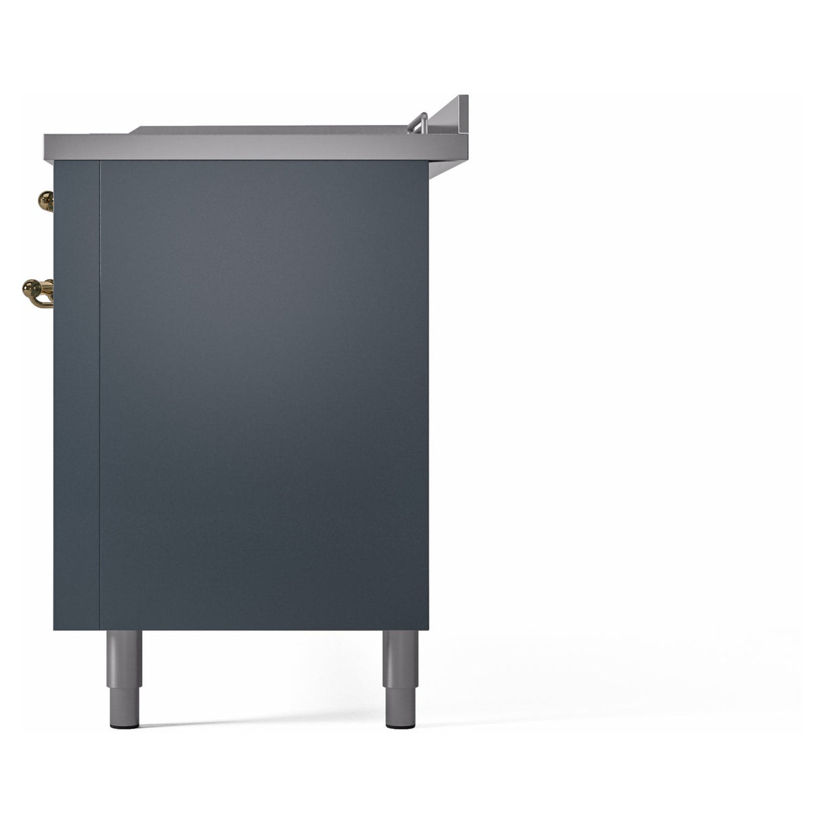 Blue grey side panel of a dual fuel range with rear top overhang and legs
