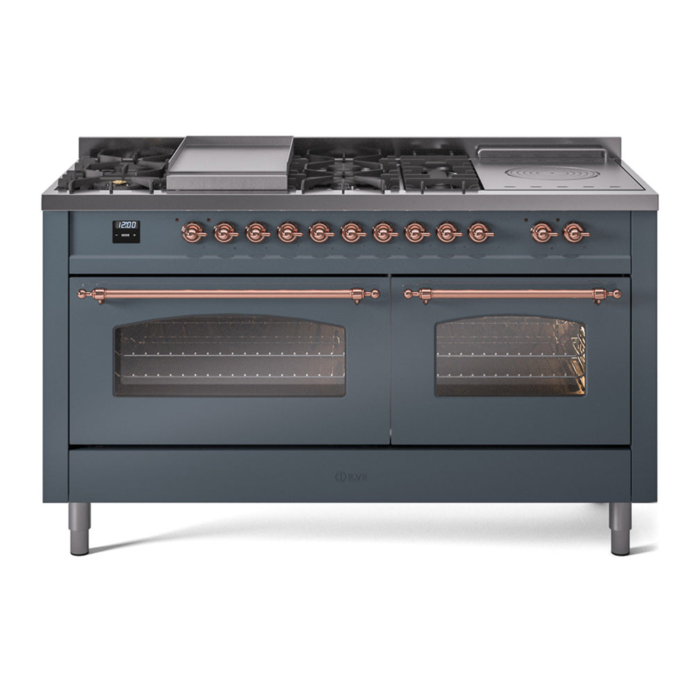 Blue-grey dual fuel range with copper trim, 7 burners, griddle, double glass ovens
