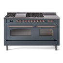 ILVE Nostalgie II 60-Inch Propane Gas Dual Fuel Range with 7 Burners, Griddle, & French Top with Triple Glass Door Oven in Blue Grey with Copper Trim (UP60FSNMPBGPLP)