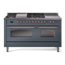 ILVE Nostalgie II 60-Inch Natural Gas Dual Fuel Range with 7 Burners, Griddle, & French Top with Triple Glass Door Oven in Blue Grey with Copper Trim (UP60FSNMPBGP)