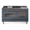 ILVE Nostalgie II 60-Inch Natural Gas Dual Fuel Range with 7 Burners, Griddle, & French Top with Triple Glass Door Oven in Blue Grey with Copper Trim (UP60FSNMPBGP)
