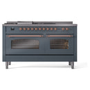 ILVE Nostalgie II 60-Inch Propane Gas Dual Fuel Range with 7 Burners, Griddle, & French Top with Triple Glass Door Oven in Blue Grey with Copper Trim (UP60FSNMPBGPLP)