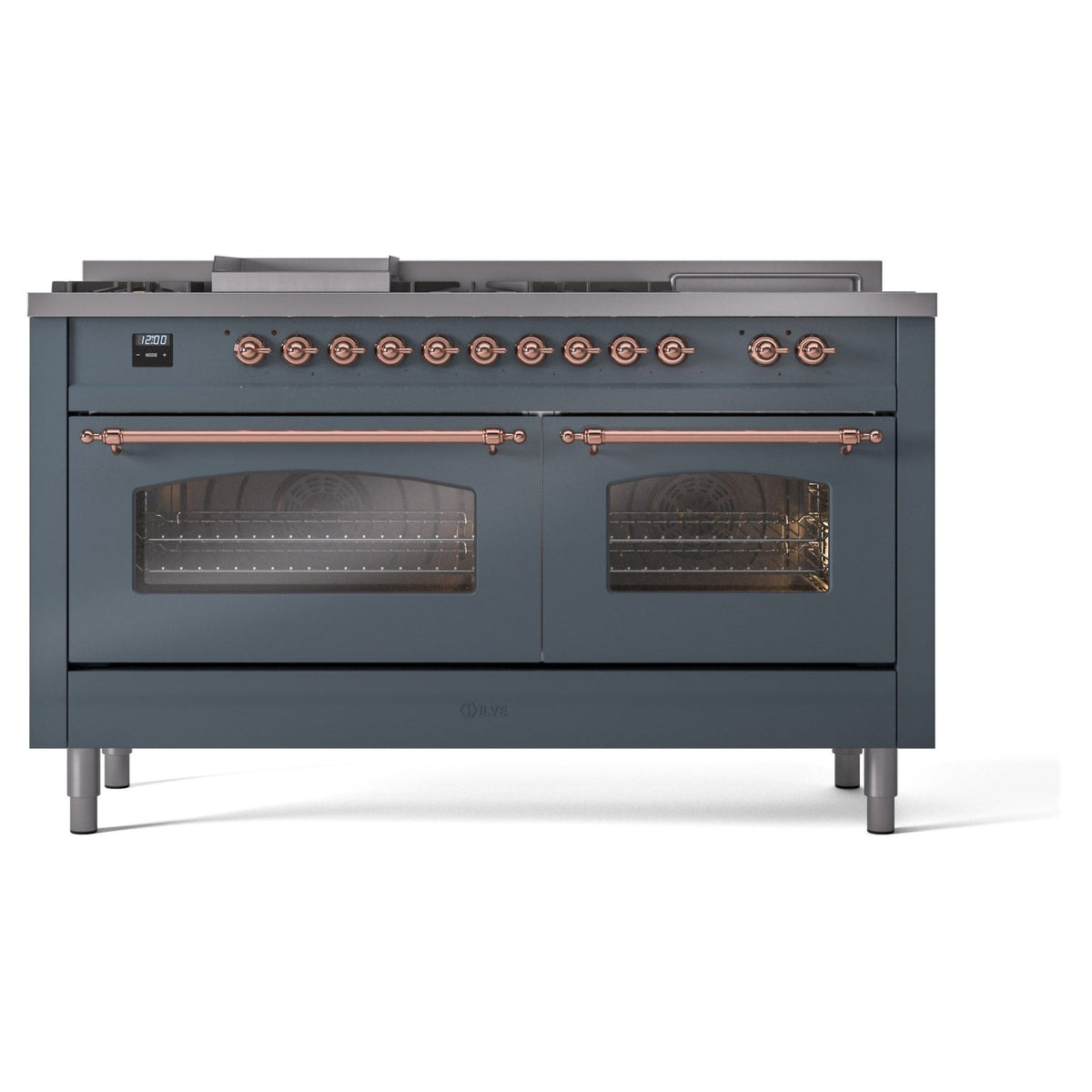 Blue grey range front with copper burner knobs and dual oven doors with glass windows