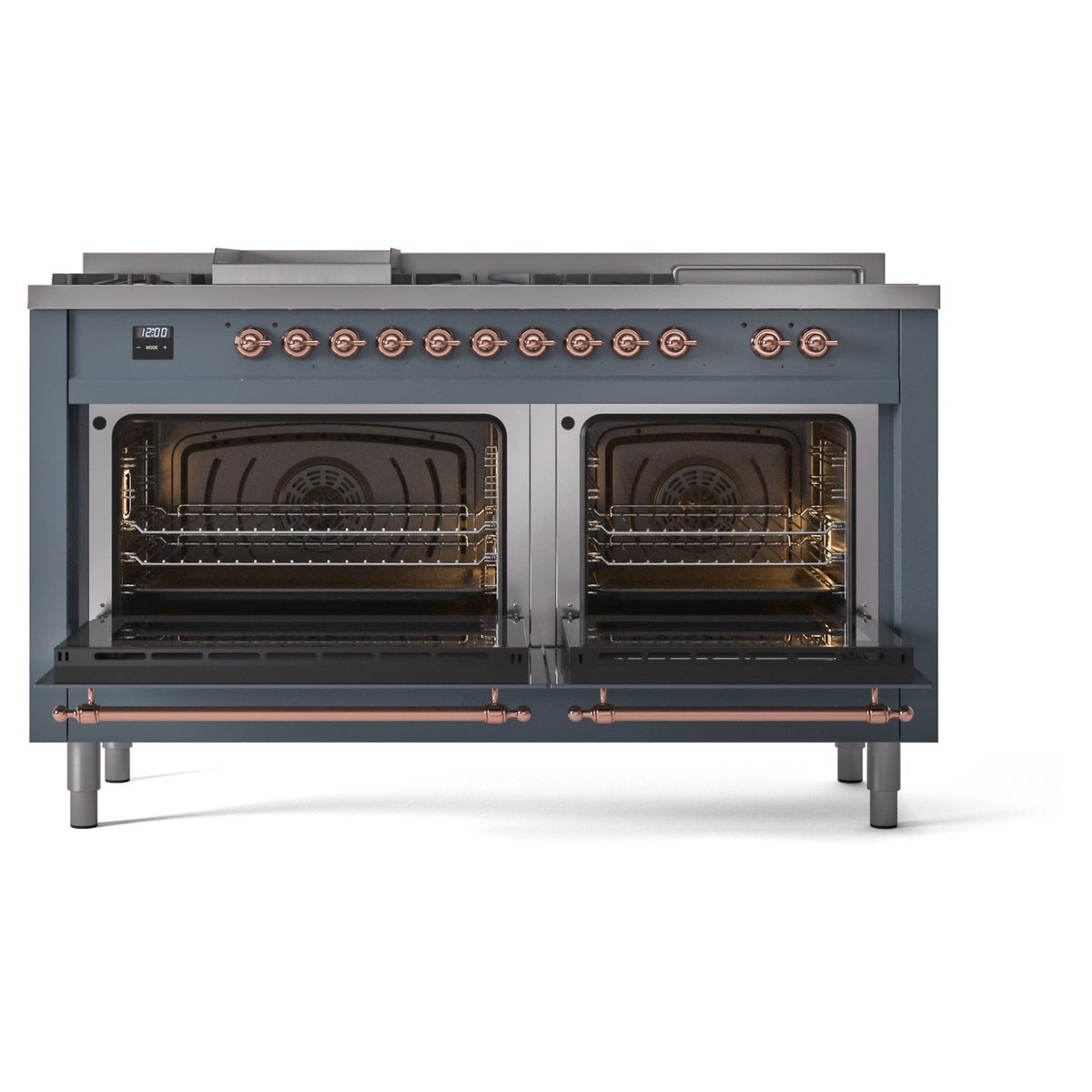Blue grey range with both oven doors open, showing racks and back heating element