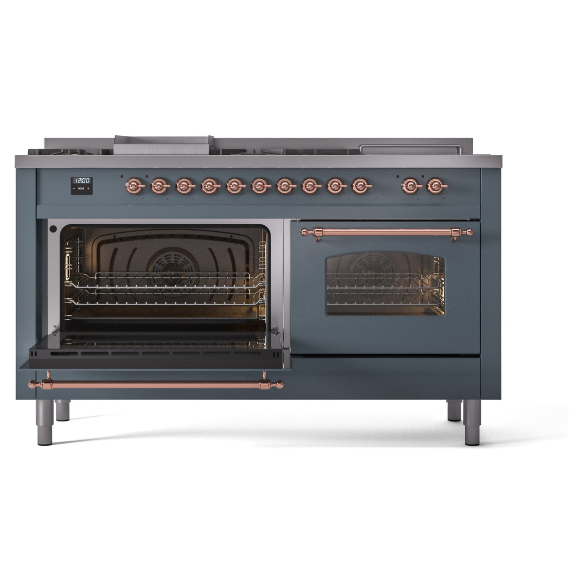 Blue grey dual-fuel gas range with left oven open and right oven closed, copper trim