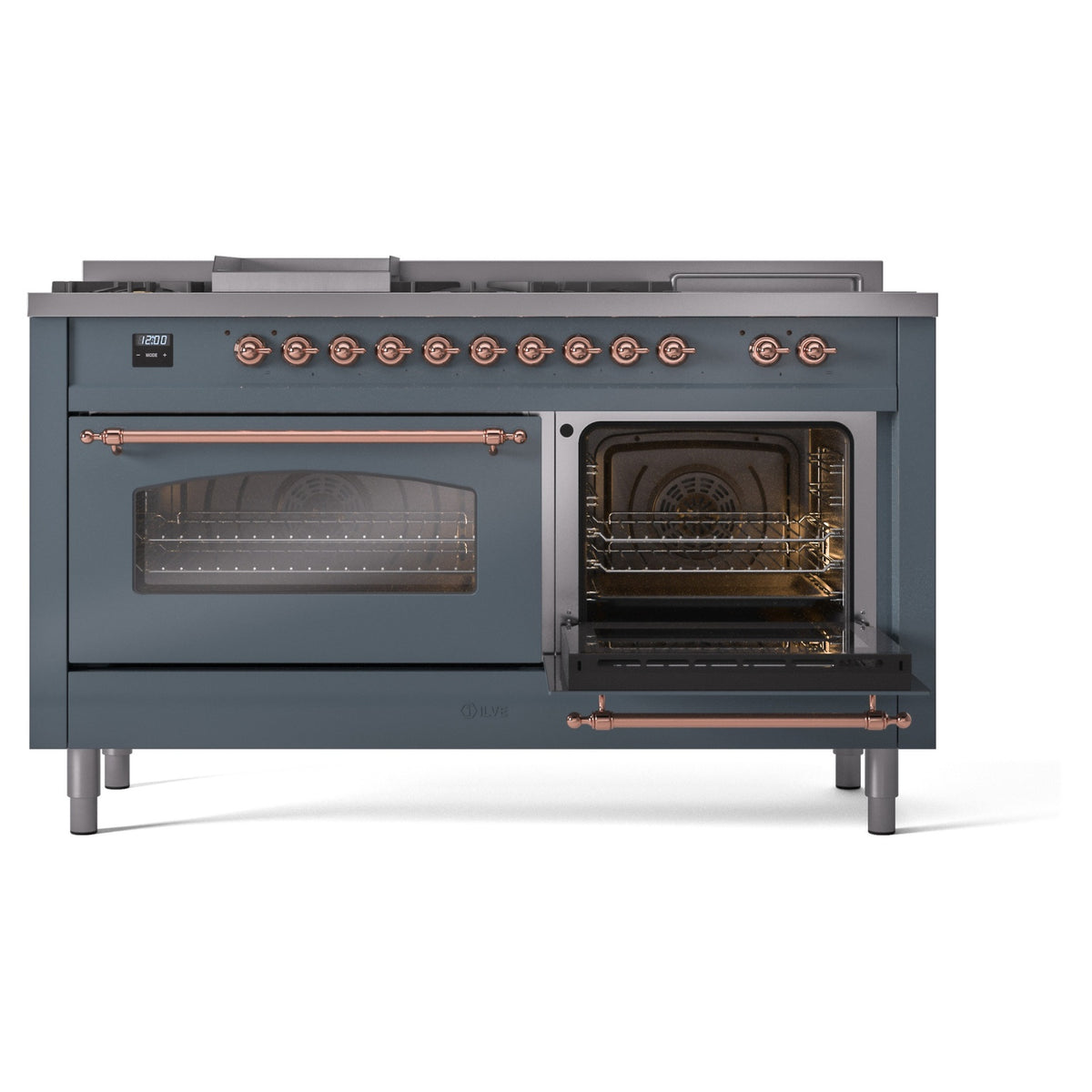 Blue grey dual-fuel gas range with left oven closed and right oven open, copper handles