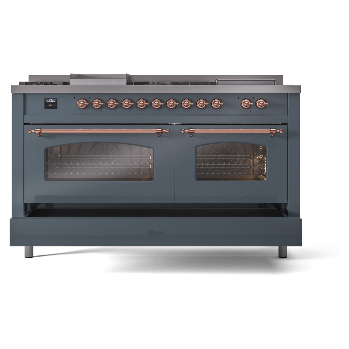 Blue grey dual-fuel gas range with copper knobs and dual glass oven doors