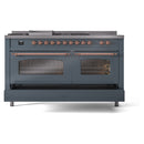 ILVE Nostalgie II 60-Inch Propane Gas Dual Fuel Range with 7 Burners, Griddle, & French Top with Triple Glass Door Oven in Blue Grey with Copper Trim (UP60FSNMPBGPLP)