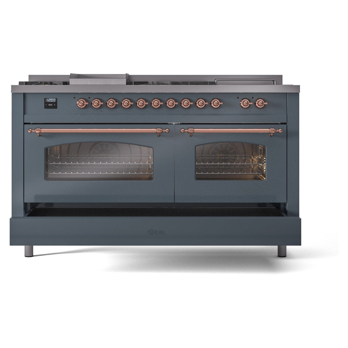 Blue grey range front with copper trim and dual glass- window oven doors