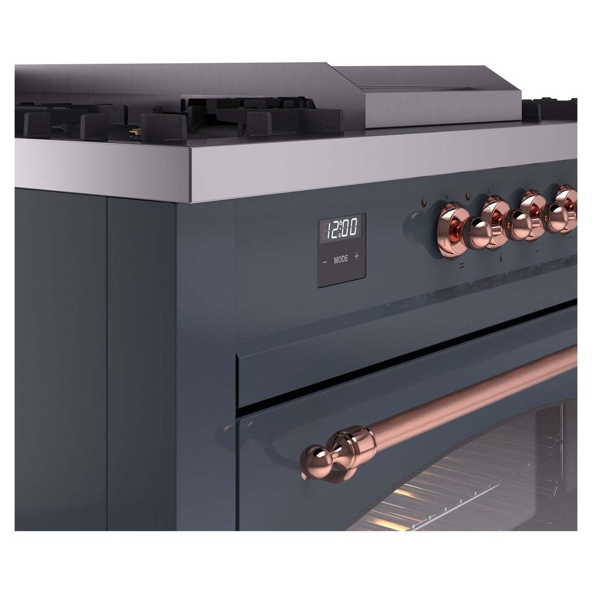 Close-up of blue grey range control panel with copper knobs and digital display