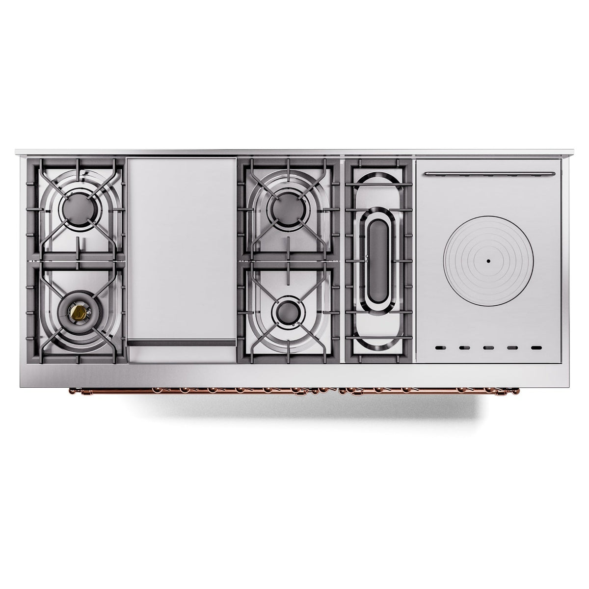 Open underside burner layout view with metal gas valves and copper trim