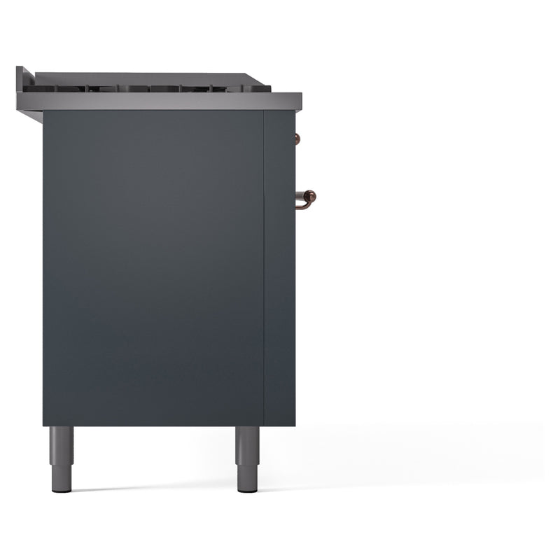 ILVE Nostalgie II 60-Inch Dual Fuel Range with 7 Burners, Griddle, & French Top with Triple Glass Door Oven in Blue Grey with Copper Trim (UP60FSNMPBGP)