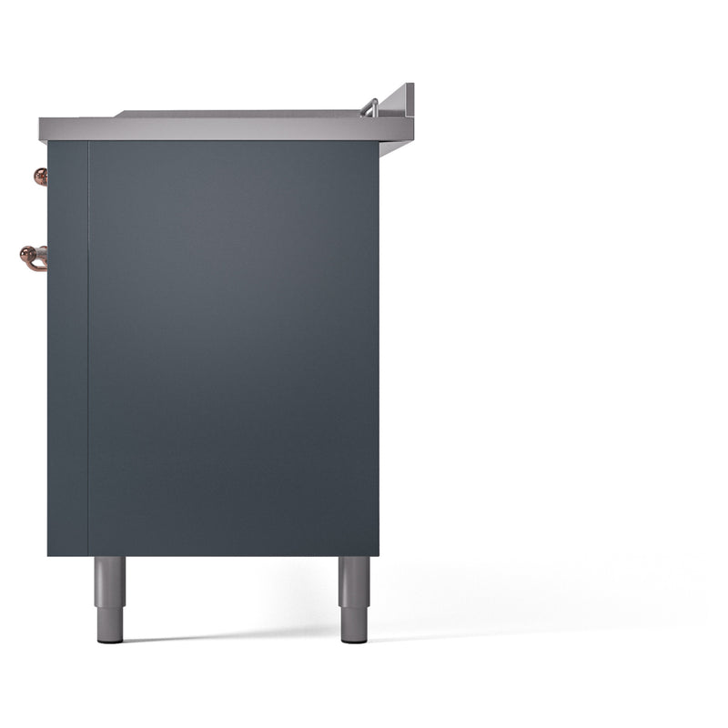 ILVE Nostalgie II 60-Inch Dual Fuel Range with 7 Burners, Griddle, & French Top with Triple Glass Door Oven in Blue Grey with Copper Trim (UP60FSNMPBGP)