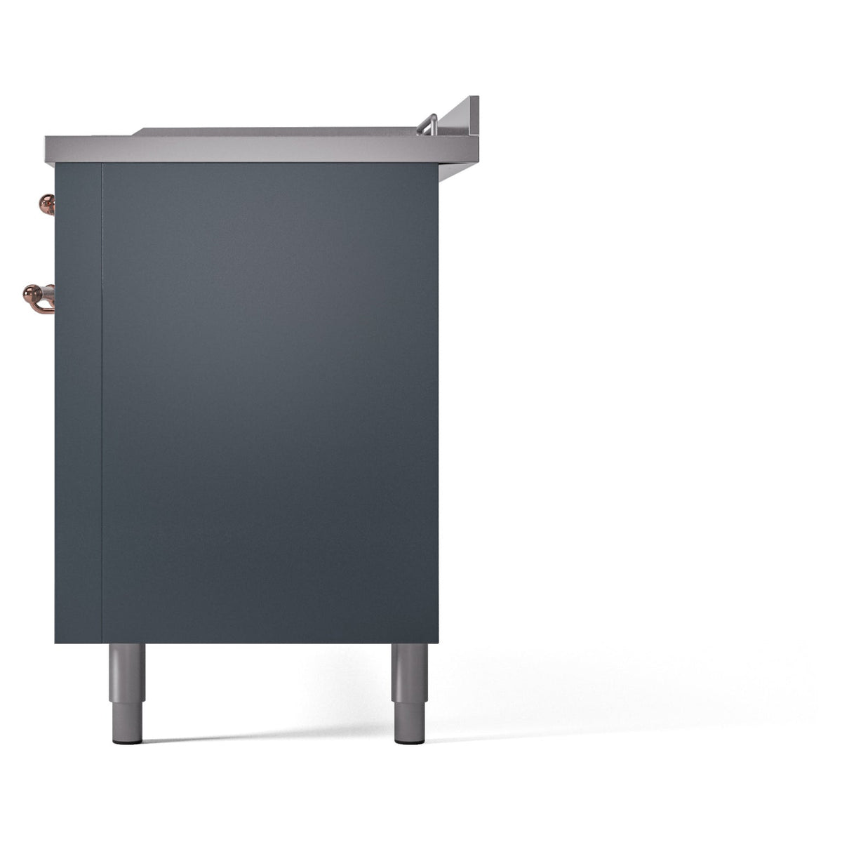 Rear corner view of blue grey range with top vent and copper control detail