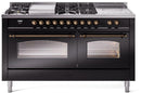 ILVE Nostalgie II 60-Inch Natural Gas Dual Fuel Range with 7 Burners, Griddle, & French Top with Triple Glass Door Oven in Glossy Black with Bronze Trim (UP60FSNMPBKB)