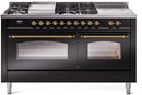 ILVE Nostalgie II 60-Inch Propane Gas Dual Fuel Range with 7 Burners, Griddle, & French Top with Triple Glass Door Oven in Glossy Black with Brass Trim (UP60FSNMPBKGLP)