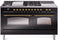 ILVE Nostalgie II 60-Inch Propane Gas Dual Fuel Range with 7 Burners, Griddle, & French Top with Triple Glass Door Oven in Glossy Black with Brass Trim (UP60FSNMPBKGLP)