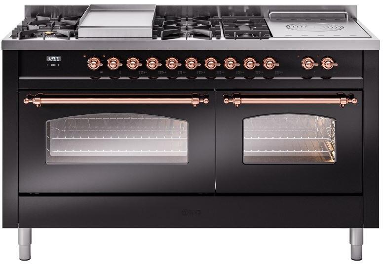 Glossy black dual fuel gas range with copper trim, dual glass-door ovens