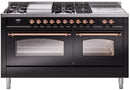 ILVE Nostalgie II 60-Inch Natural Gas Dual Fuel Range with 7 Burners, Griddle, & French Top with Triple Glass Door Oven in Glossy Black with Copper Trim (UP60FSNMPBKP)