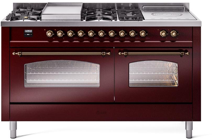 Burgundy dual-fuel gas range with bronze trim, multiple burners, and triple glass oven doors