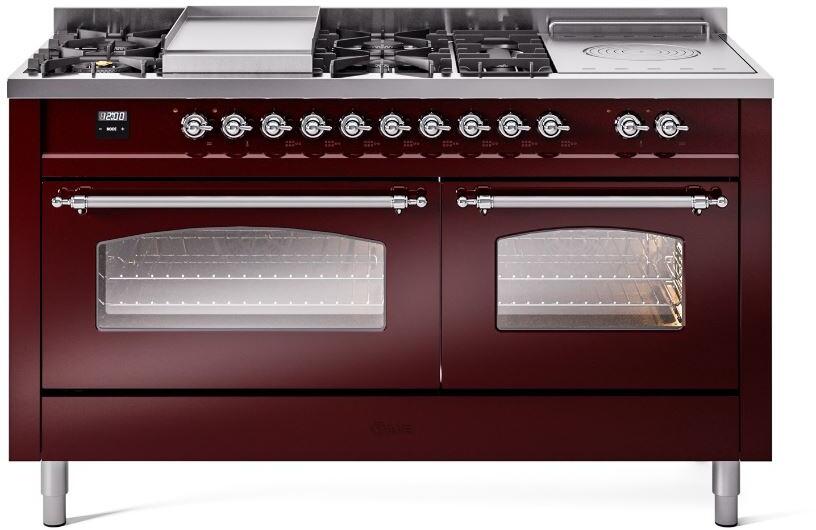 Burgundy dual fuel range with two glass oven doors and chrome control knobs