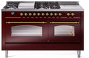 ILVE Nostalgie II 60-Inch Propane Gas Dual Fuel Range with 7 Burners, Griddle, & French Top with Triple Glass Door Oven in Burgundy with Brass Trim (UP60FSNMPBUGLP)