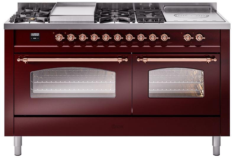 ILVE burgundy dual-fuel gas range with copper trim, dual glass oven doors and burner control knobs