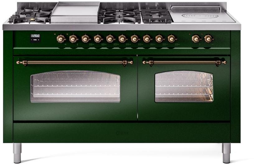 Emerald green gas range with bronze controls and dual glass oven doors