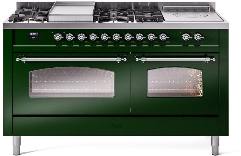 Emerald green dual fuel range front with two oven doors and cooktop burners