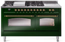 ILVE Nostalgie II 60-Inch Propane Gas Dual Fuel Range with 7 Burners, Griddle, & French Top with Triple Glass Door Oven in Emerald Green with Brass Trim (UP60FSNMPEGGLP)