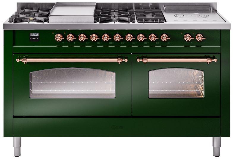 Emerald green dual fuel gas range with copper trim and double glass oven doors