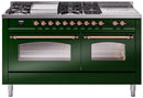 ILVE Nostalgie II 60-Inch Propane Gas Dual Fuel Range with 7 Burners, Griddle, & French Top with Triple Glass Door Oven in Emerald Green with Copper Trim (UP60FSNMPEGPLP)