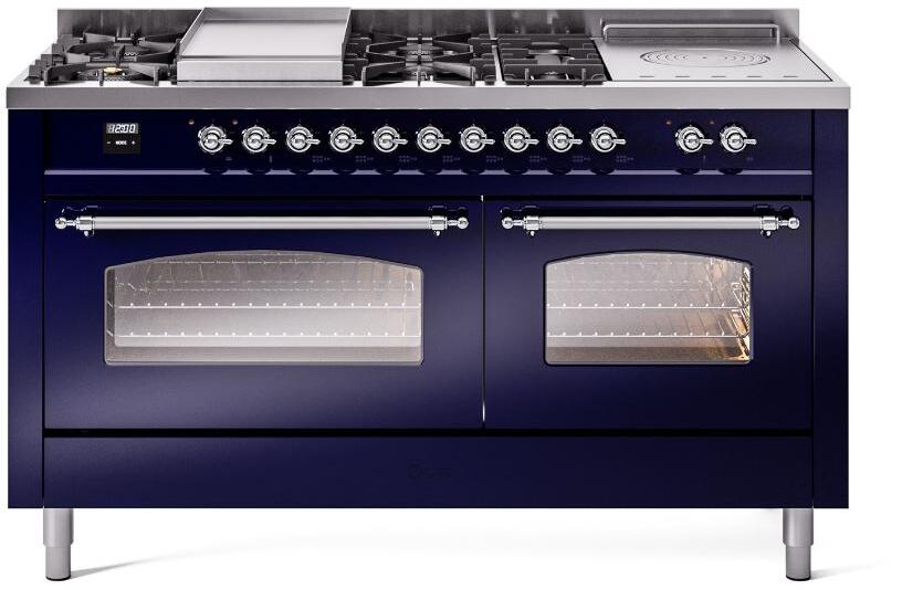 Midnight blue dual fuel range with chrome knobs, griddle, and two glass oven doors
