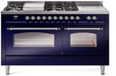 ILVE Nostalgie II 60-Inch Propane Gas Dual Fuel Range with 7 Burners, Griddle, & French Top with Triple Glass Door Oven in Midnight Blue with Chrome Trim (UP60FSNMPMBCLP)