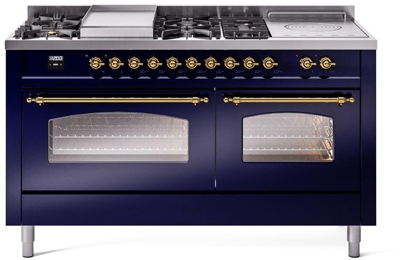 Midnight blue gas range with brass knobs, griddle, and two glass oven doors
