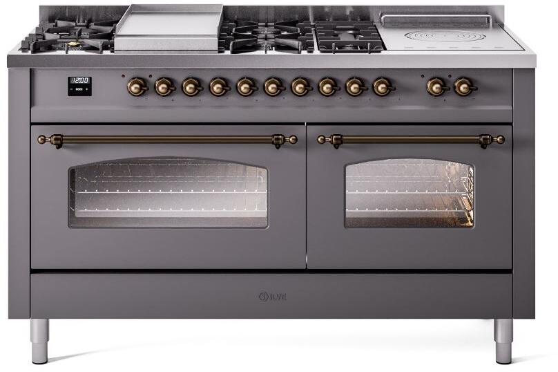 Matte graphite dual-fuel range with bronze knobs, both oven doors closed