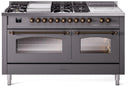ILVE Nostalgie II 60-Inch Natural Gas Dual Fuel Range with 7 Burners, Griddle, & French Top with Triple Glass Door Oven in Matte Graphite with Bronze Trim (UP60FSNMPMGB)
