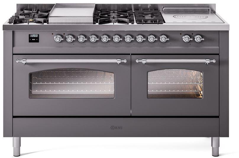 Matte graphite dual-fuel range cooktop with burners and griddle; two ovens below