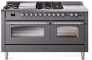 ILVE Nostalgie II 60-Inch Natural Gas Dual Fuel Range with 7 Burners, Griddle, & French Top with Triple Glass Door Oven in Matte Graphite with Chrome Trim (UP60FSNMPMGC)