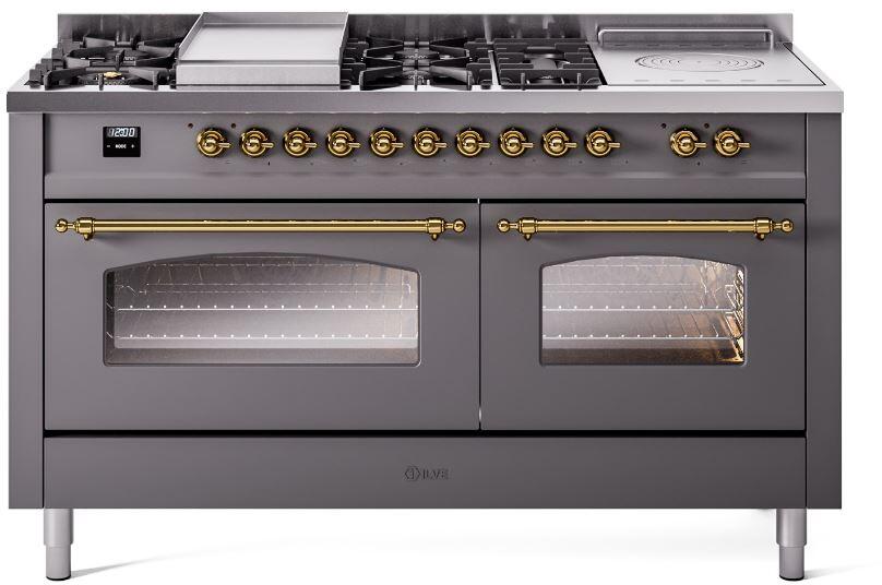 Matte graphite dual-fuel gas range with brass trim, burners, and double glass oven doors