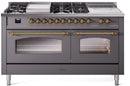 ILVE Nostalgie II 60-Inch Natural Gas Dual Fuel Range with 7 Burners, Griddle, & French Top with Triple Glass Door Oven in Matte Graphite with Brass Trim (UP60FSNMPMGG)